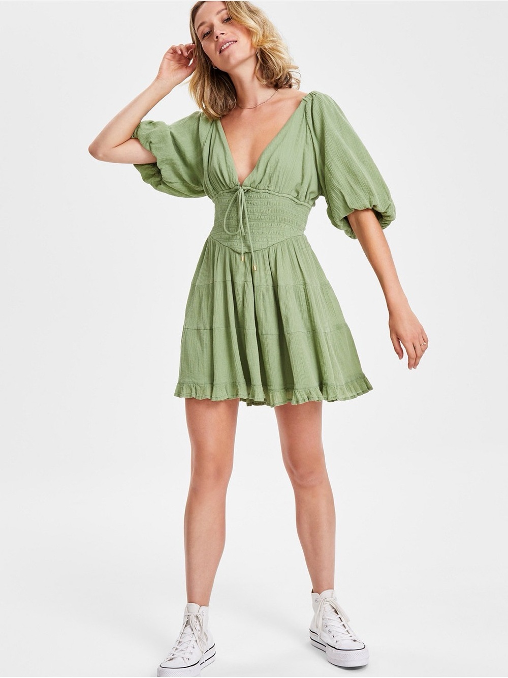 Free People Perfect Day Olive Green Puff-Sleeve Mini Dress Size Large NWT